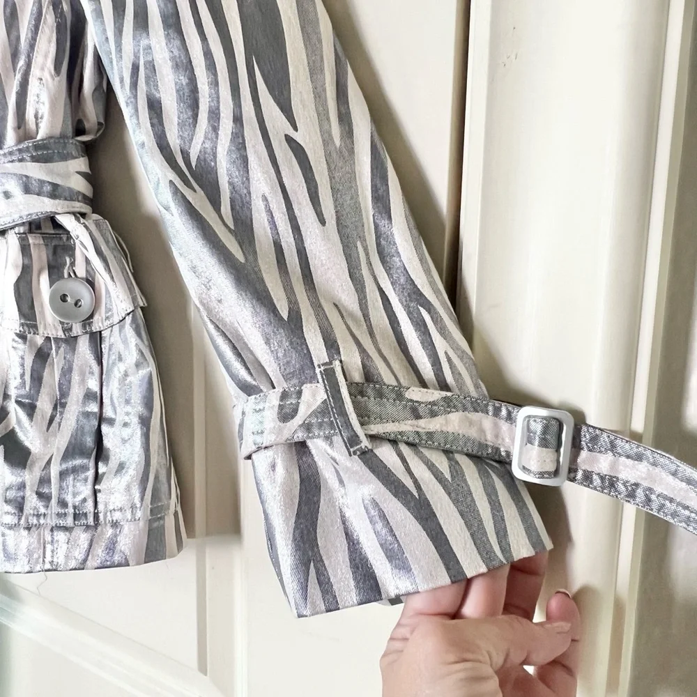 Lisa International Silver Metallic Zebra Print Double Breasted Belted Jacket M